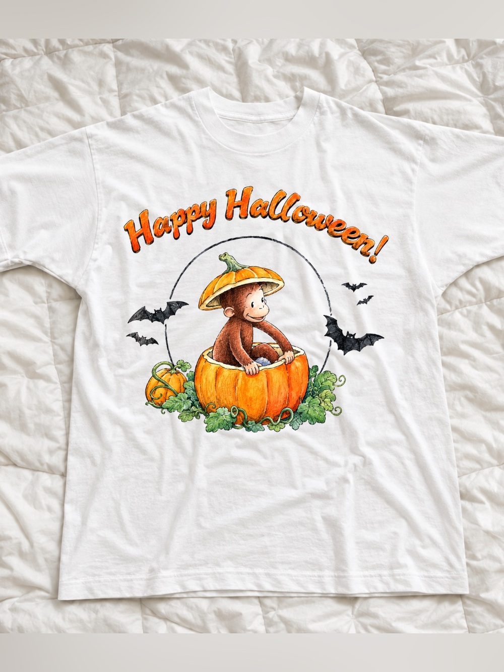 Gildan White Halloween Pumpkin Monkey Graphic Tee